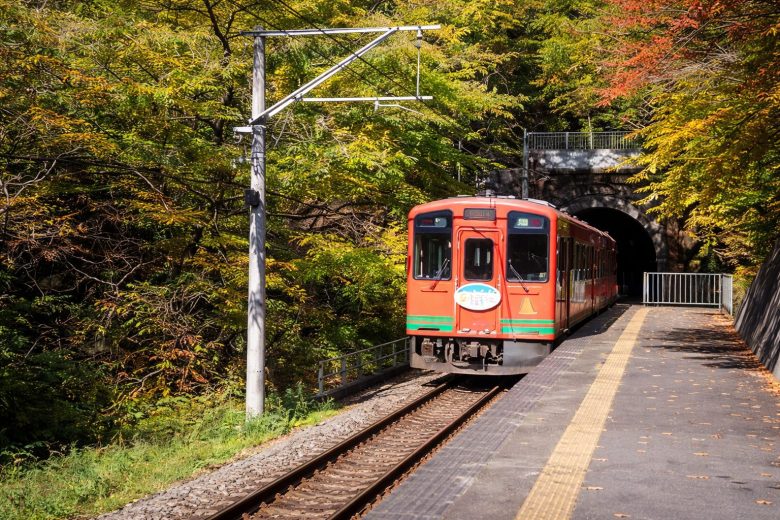 秋の日差しと列車の到着