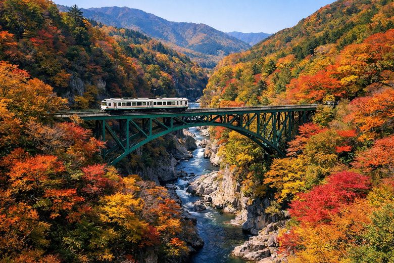 竜王峡の秋の橋と列車